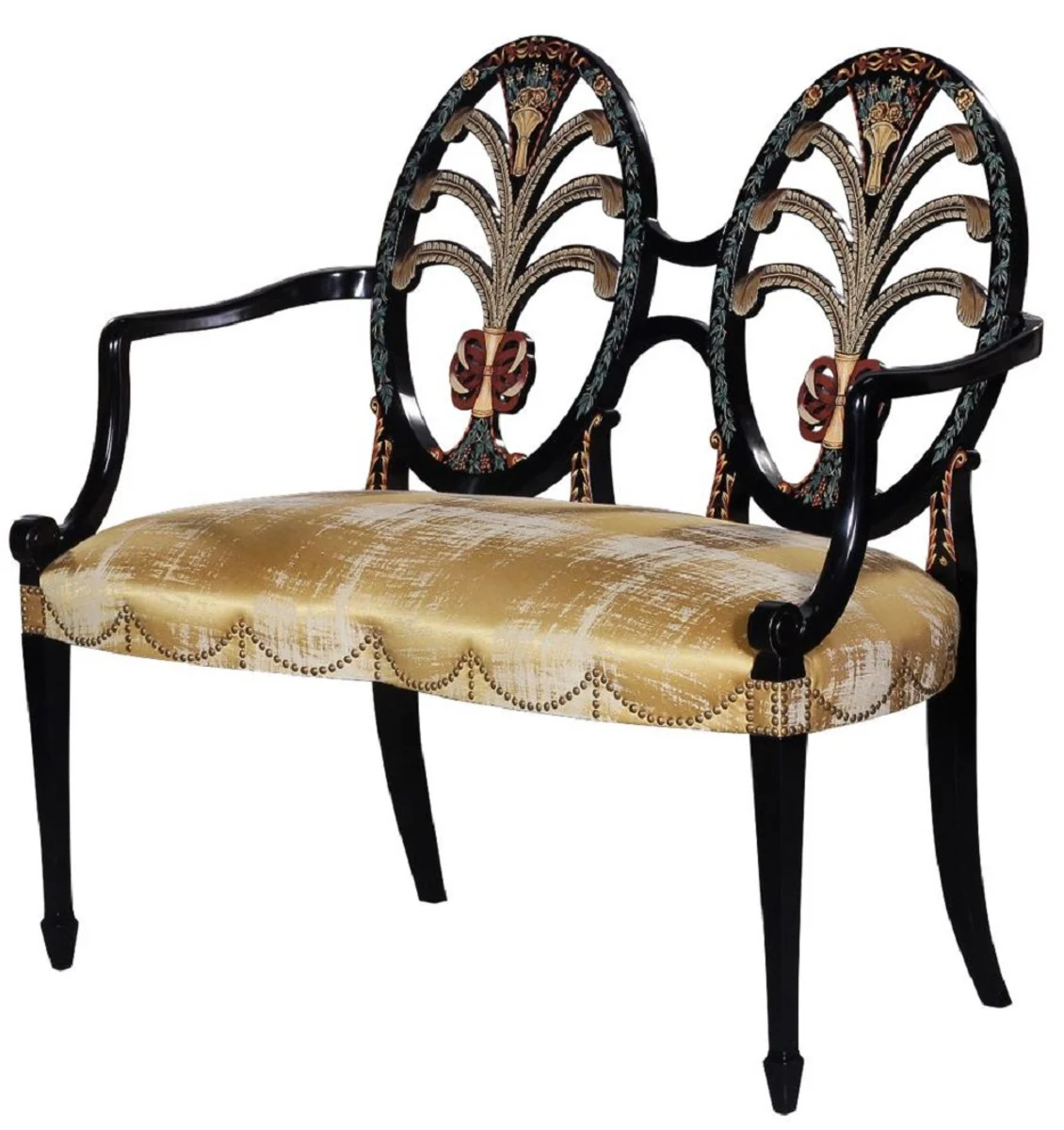 Casa Padrino banco Art Nouveau de lujo con reposabrazos oro / negro - Banco de madera maciza hecho a mano - Muebles de Salón Barrocos y Art Nouveau