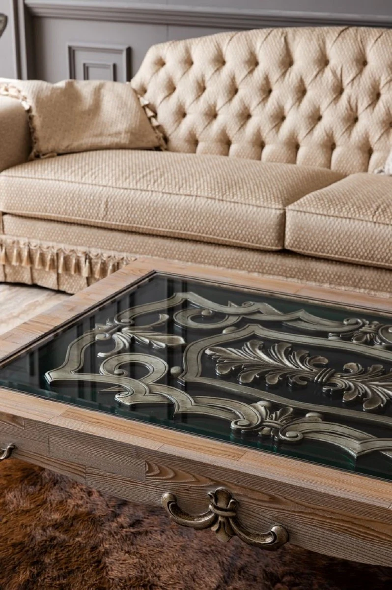 Casa Padrino mesa de centro barroco de lujo natural / plata - Mesa de sal¨®n de madera maciza hecha a mano con tapa de vidrio - Muebles de sal¨®n barrocos