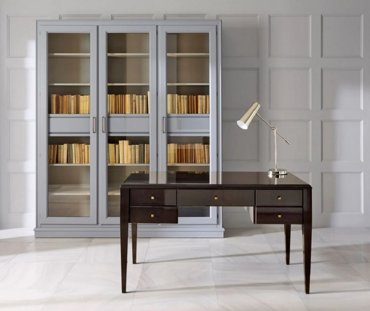 Casa Padrino armario de libros de lujo con 3 puertas e iluminaci¨®n LED gris 200 x 45 x A. 230 cm - Armario de madera maciza - Armario de sal¨®n - Mueble de oficina - Muebles de lujo