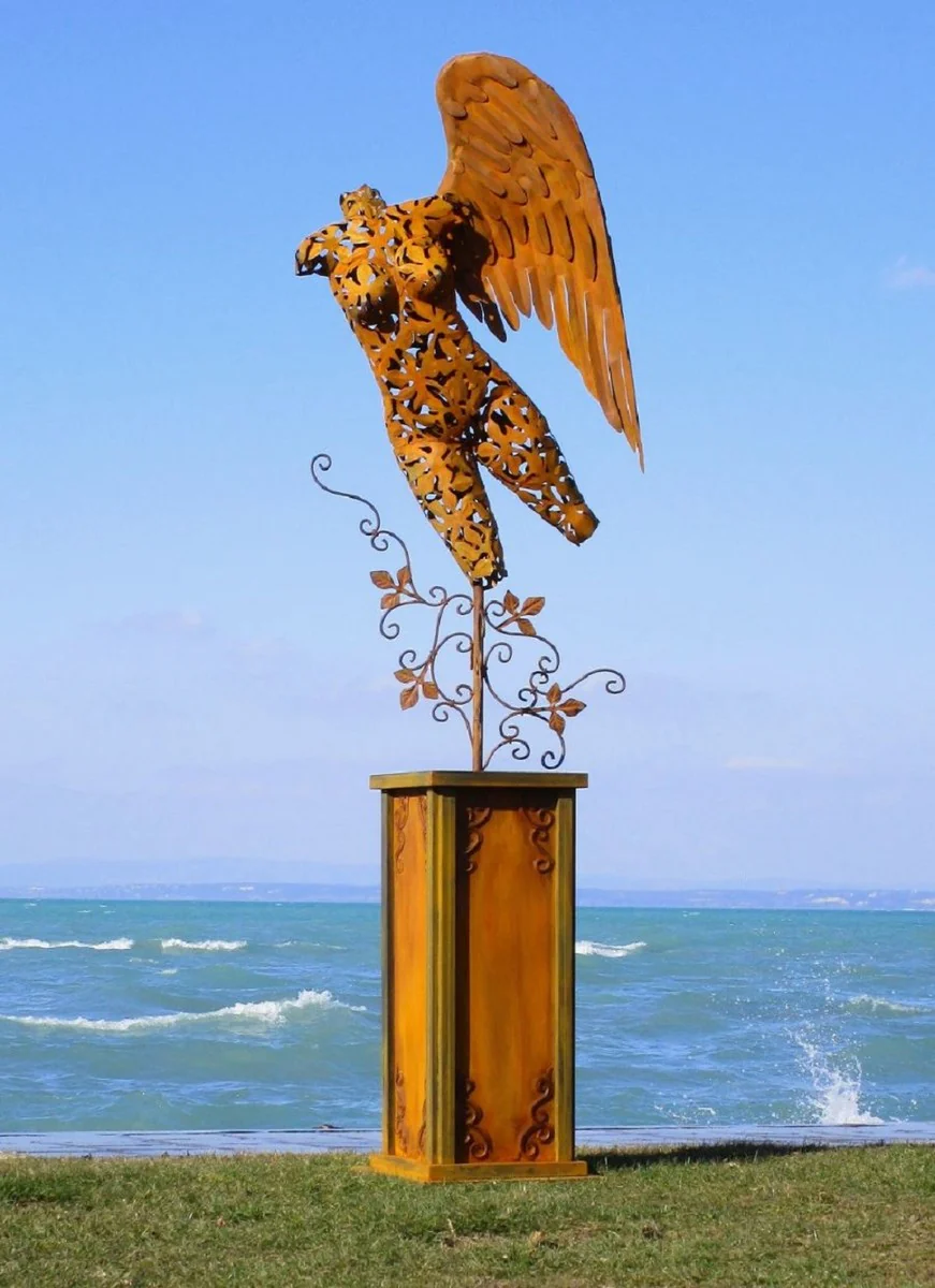 Casa Padrino escultura de decoración de jardín de lujo ángel en columna óxido 53 x 98 x A. 300 cm - Gran figura decorativa de acero - Figura de Jardín - Decoración de Jardín de Hotel