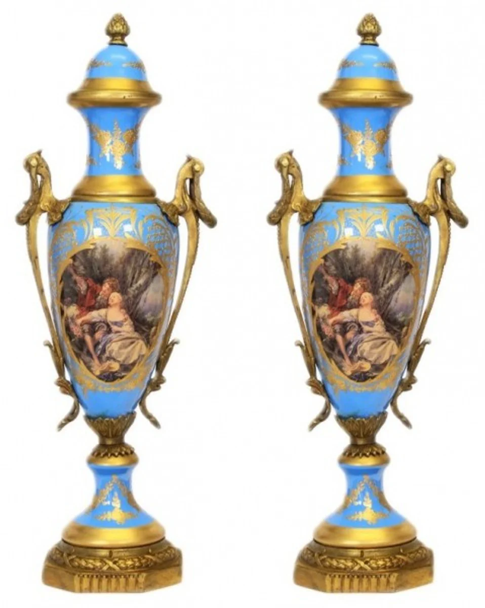 Casa Padrino Baroque Porcelain Cup Set Light Blue / Gold B20 H 58 cm (2 pieces) - Grand Decor - Hotel Decoration