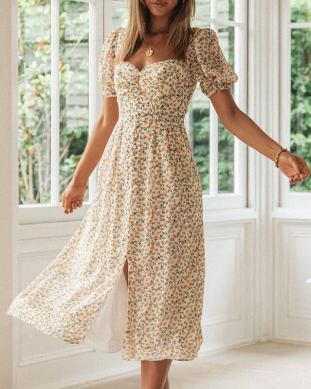 Women's Puff Sleeve Printed Slit Dress