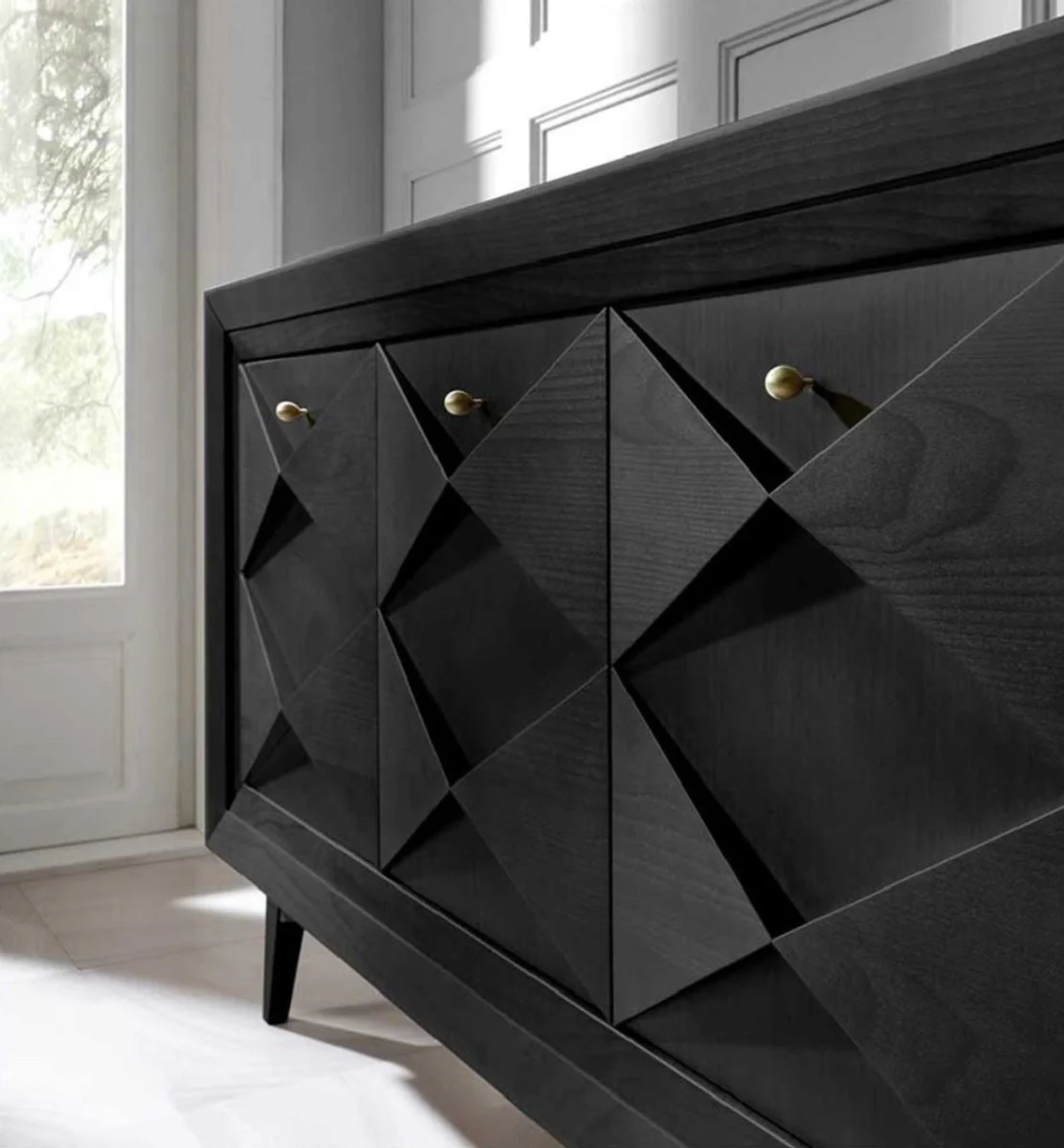 Casa Padrino aparador Art Deco de lujo negro 220 x 50 x A. 92 cm - Gabinete de madera maciza noble con 4 puertas - Muebles de comedor - Muebles Art Deco - Muebles de lujo