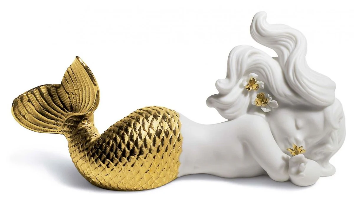 Casa Padrino Luxury Porcelain Figurine Mermaid White / Gold 16 x H. 8 cm - Luxury Living Room Decoration
