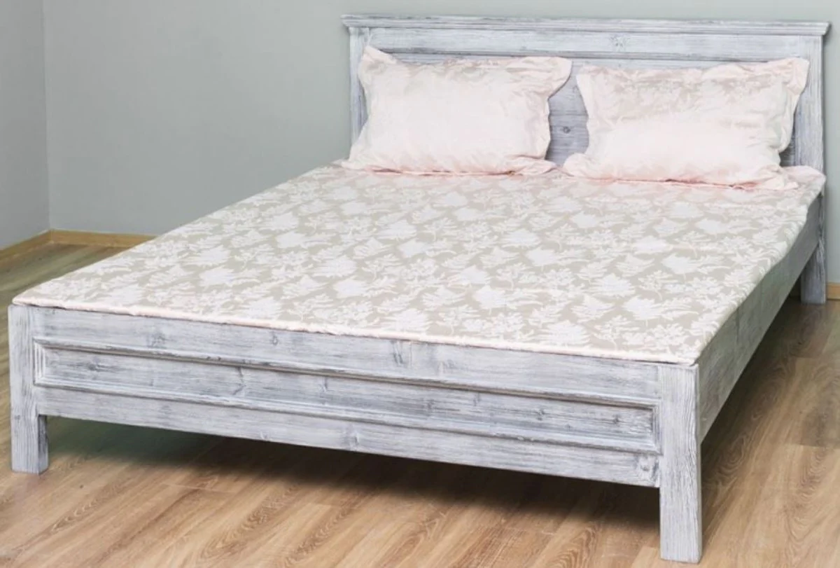 Casa Padrino cama de madera maciza de estilo campestre gris antiguo 160 x 200 x A. 93 cm - Cama Doble de Madera Maciza - Muebles de Dormitorio de Estilo Campestre