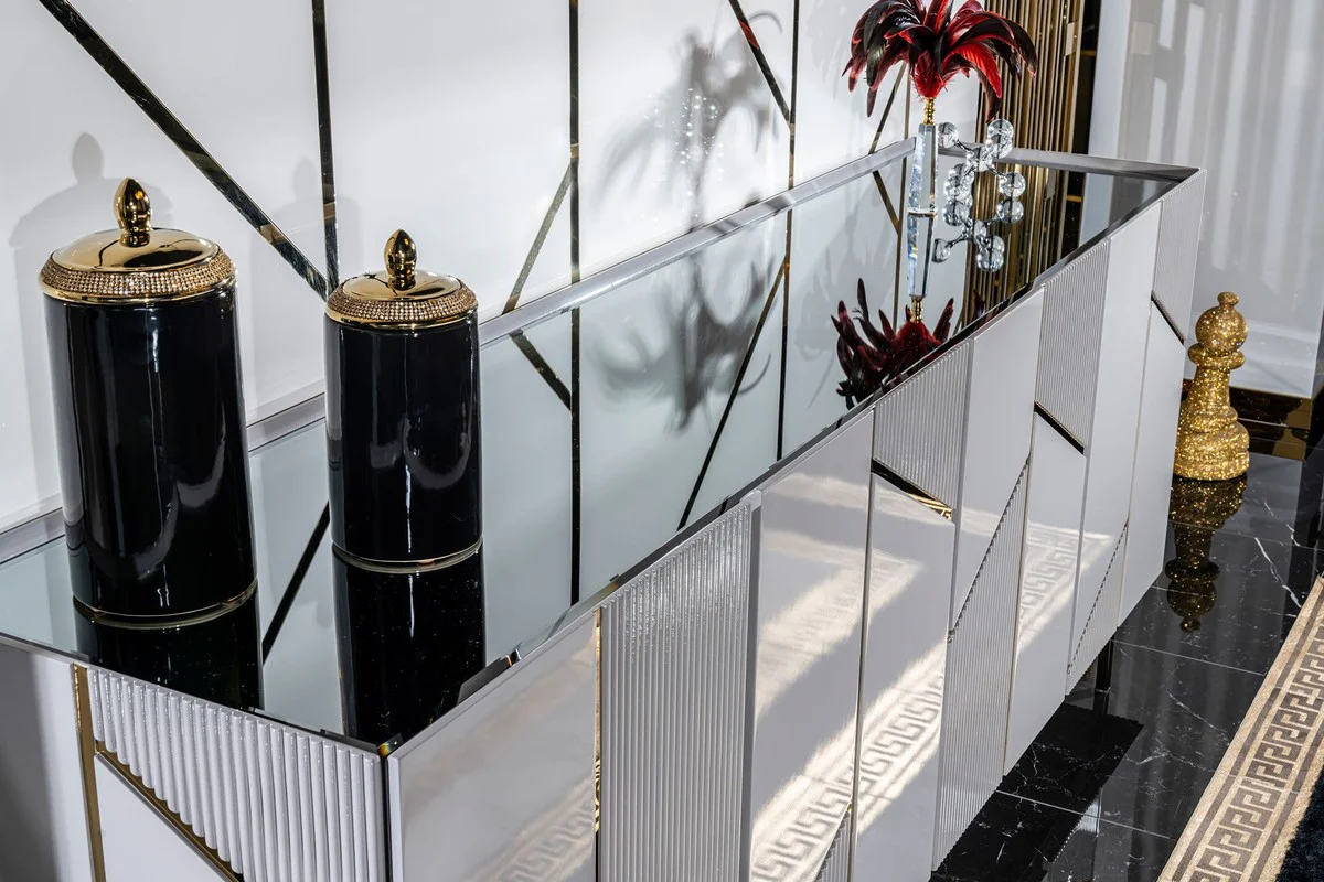 Casa Padrino aparador de lujo gris / oro 220 x 51 x A. 86 cm - Armario de madera maciza con 4 puertas - Muebles de comedor - Muebles de sal¨®n - Muebles de hotel - Muebles de lujo