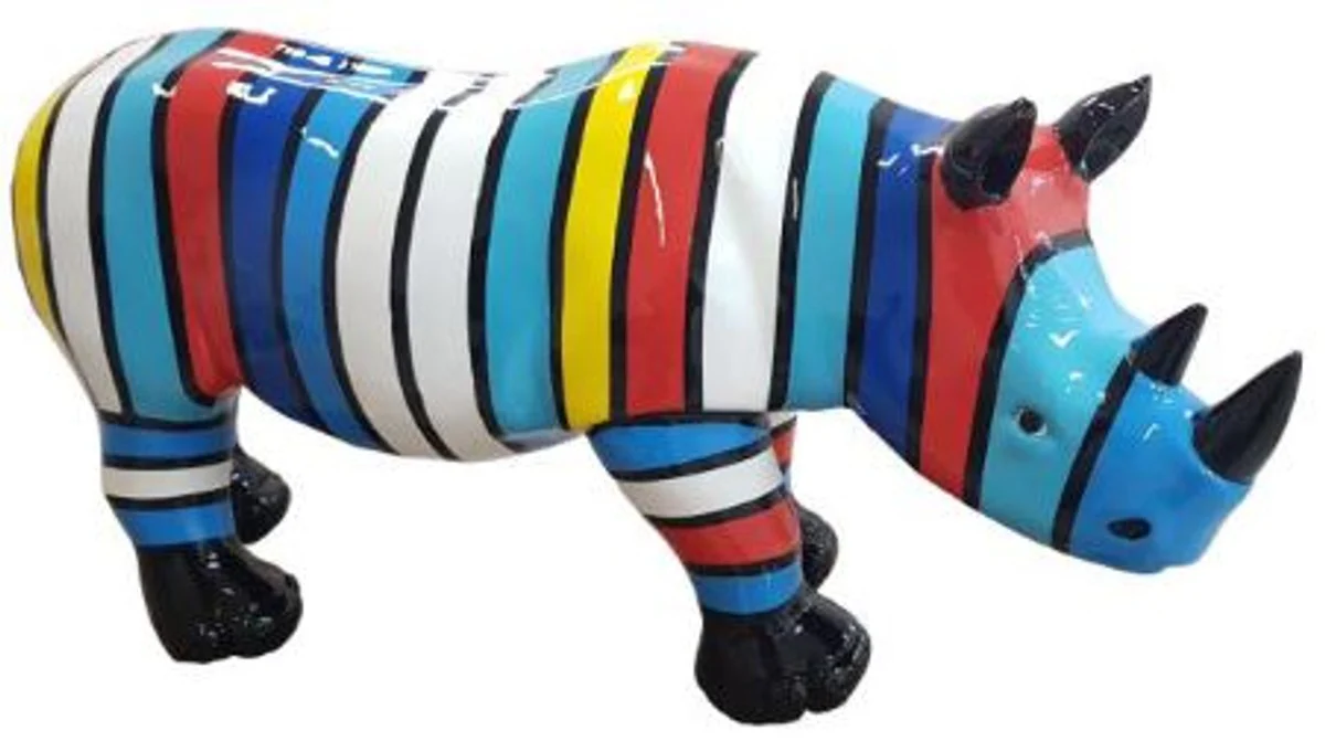 Casa Padrino figura decorativa de diseñador rinoceronte colorido a rayas 75 x A. 35 cm - Escultura de decoración de sala de estar - Escultura de decoración de jardín - Figura de animal resistente a la intemperie