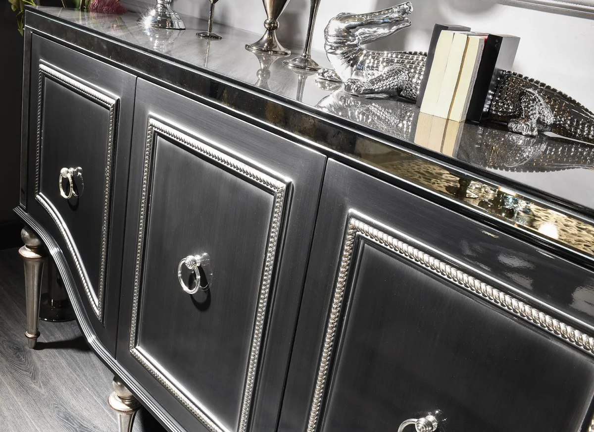 Casa Padrino aparador barroco de lujo negro / plata 220 x 103 x A. 56 cm - Armario de salón con tapa de vidrio y 4 puertas - Muebles de Salón Barroco de Lujo