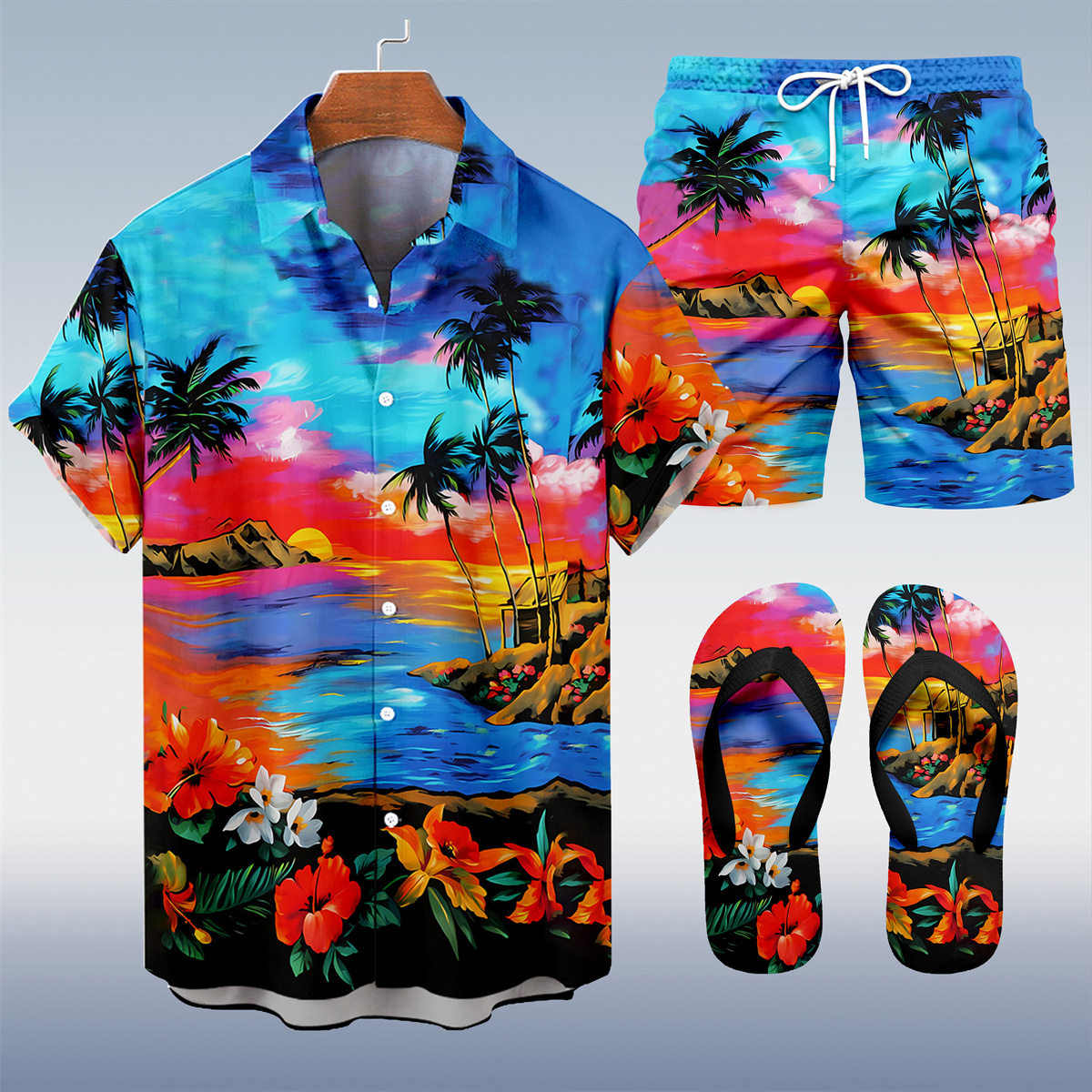 Suitmens Men's Men's Tiki Style Hawaiian Vacation Print Three-Piece Set 036