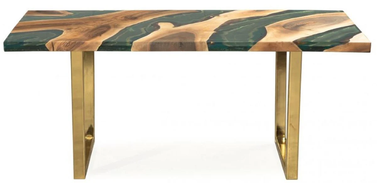 Casa Padrino mesa de comedor de lujo natural / marr¨®n / verde / oro 160 x 80 x A. 76 cm - Mesa de cocina rectangular con resina epoxi - Muebles de comedor de lujo - Muebles de resina epoxi