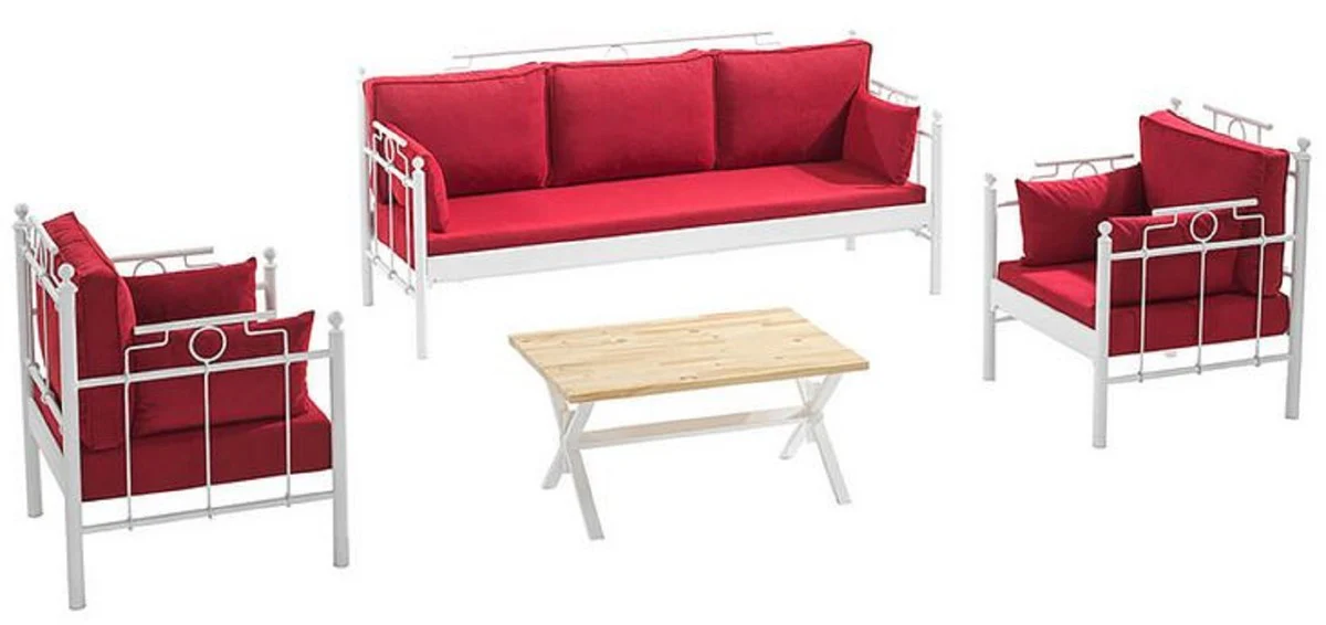 Casa Padrino Art Nouveau Conjunto de Muebles de Jardín Rojo Burdeos / Blanco - 1 Sofá y 2 Sillones y 1 Mesa - Muebles de Jardín y Patio en Estilo Art Nouveau