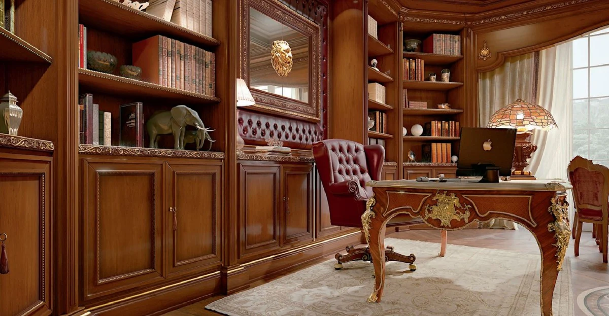 Casa Padrino silla de oficina Chesterfield barroco de lujo burdeos rojo / marr¨®n / oro - Silla de escritorio con cuero real - Mobiliario de oficina estilo barroco - Calidad de lujo - Hecho en Italia