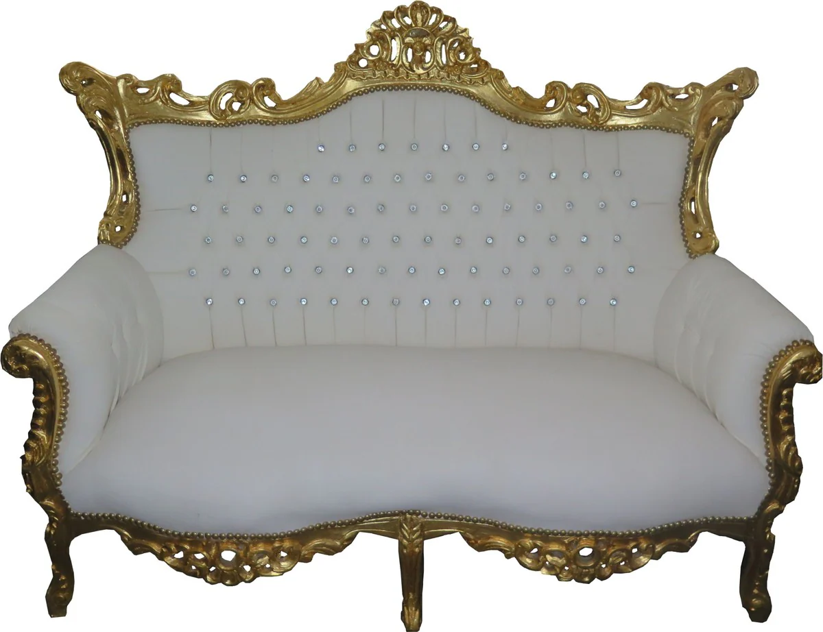 Sof¨¢ barroco de 2 plazas Barroco Casa Padrino Look de cuero blanco / oro con pedrer¨ªa Bling Bling - Muebles de estilo antiguo - Edici¨®n Limied