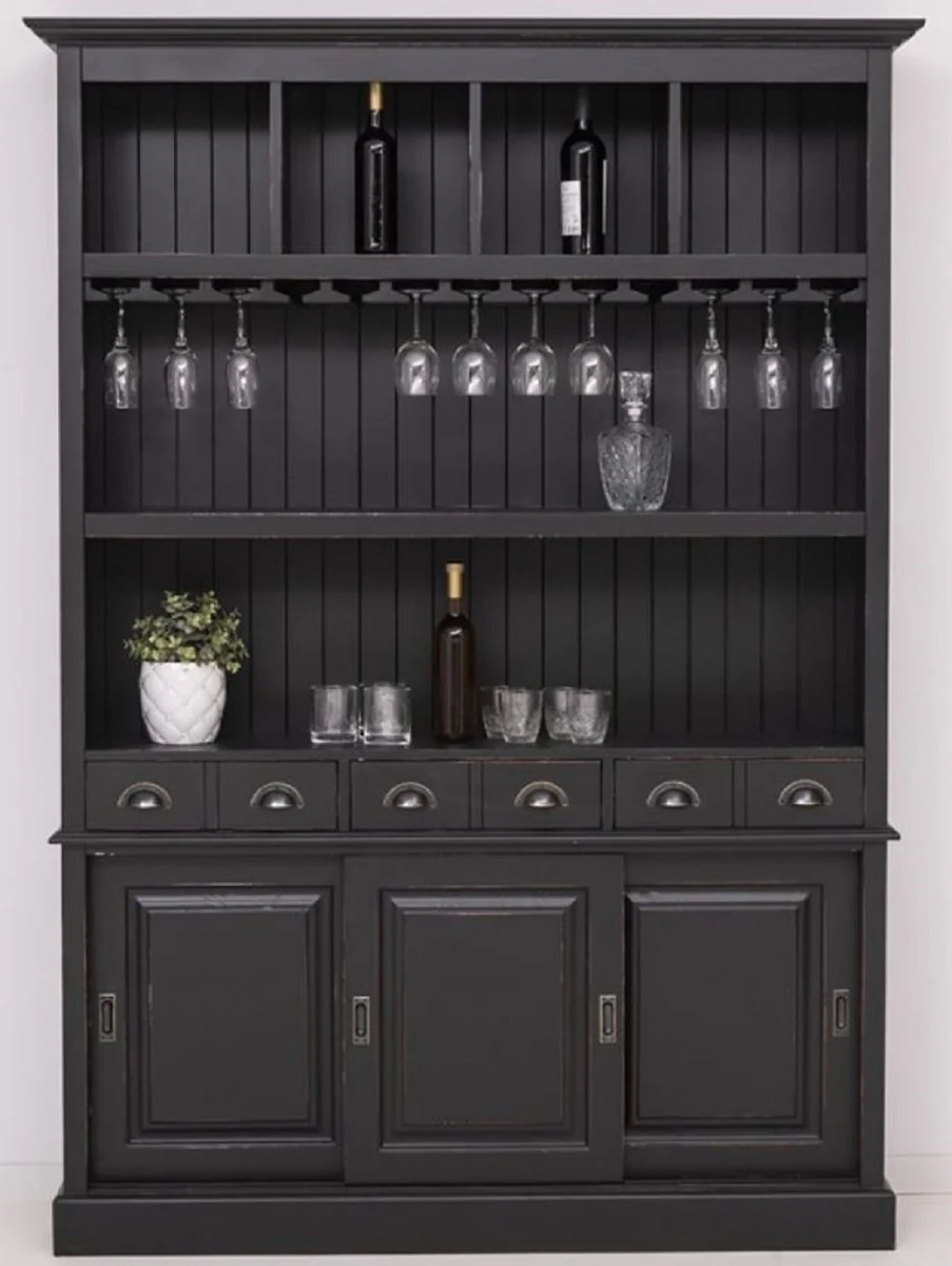 Casa Padrino armario de bar de madera maciza de estilo campestre negro antiguo 151 x 36 x A. 210 cm - Gabinete de vino de madera maciza estilo campestre - Mueble bar de estilo campestre