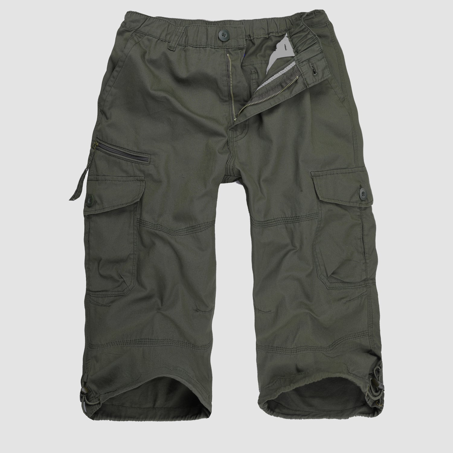 Men Summer Casual 3/4 Long Cargo Shorts Twill Cotton Elastic Waist Multiple Pockets Comfortable Capris Trousers