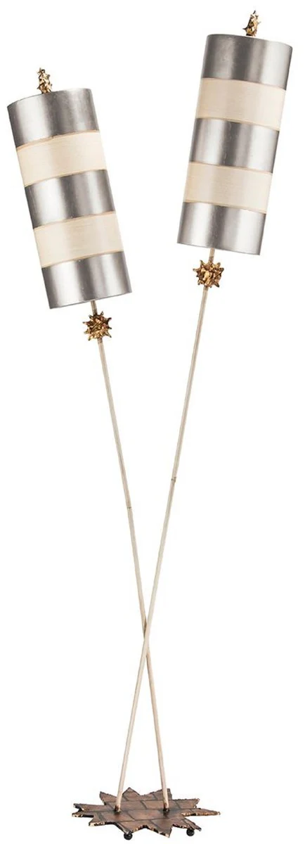 Casa Padrino lámpara de pie doble de diseño plata / beige 63,5 x 35,6 x A. 198,1 cm - Lámpara de pie de acero moderna - Lámparas de salón de lujo