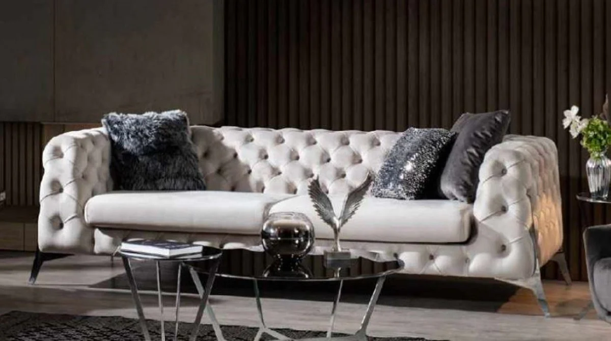 Casa Padrino Sof¨¢ Chesterfield de Lujo Blanco / Plata 240 x 100 x A. 72 cm - Sof¨¢ de Sala de Estar - Muebles de Sala de Estar Chesterfield