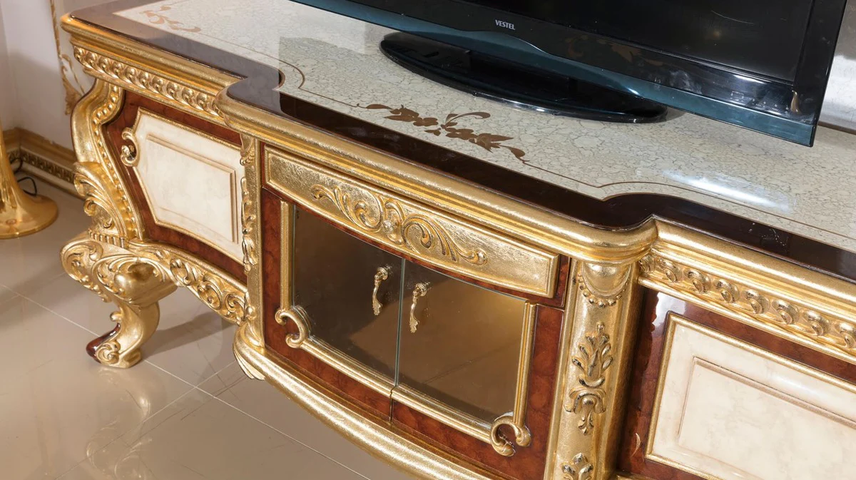 Casa Padrino gabinete TV barroco de lujo blanco / marr¨®n / oro - Magn¨ªfico aparador de madera maciza con 4 puertas y caj¨®n - Muebles de sal¨®n barrocos