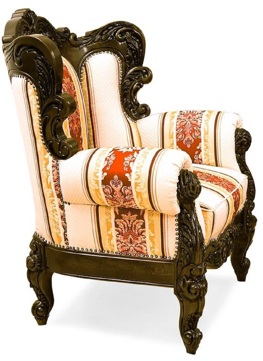 Casa Padrino conjunto de sala de estar barroco de lujo crema / amarillo / rojo / marr¨®n oscuro - 2 Sof¨¢s y 2 Sillones y 1 Mesa de Centro - Muebles de sal¨®n hechos a mano estilo barroco