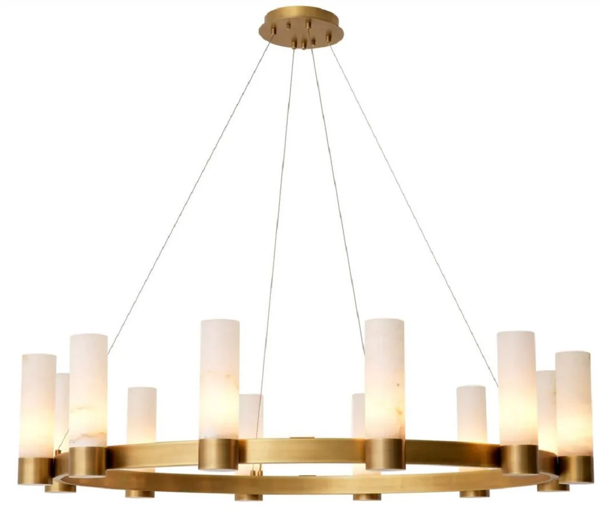 Casa Padrino lámpara de araña de lujo latón antiguo / alabastro Ø 136 x A. 30 cm - Lámpara de araña de salón redonda con pantallas de alabastro - Calidad de lujo