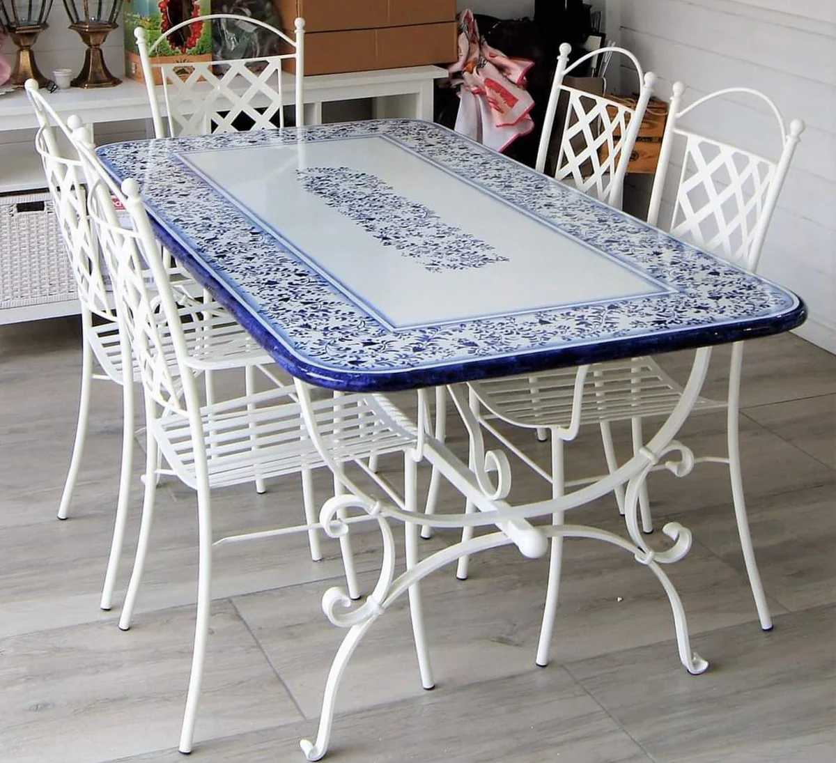 Casa Padrino conjunto de muebles de jard¨ªn de hierro forjado Art Nouveau de lujo azul / blanco - Hecho en Italia