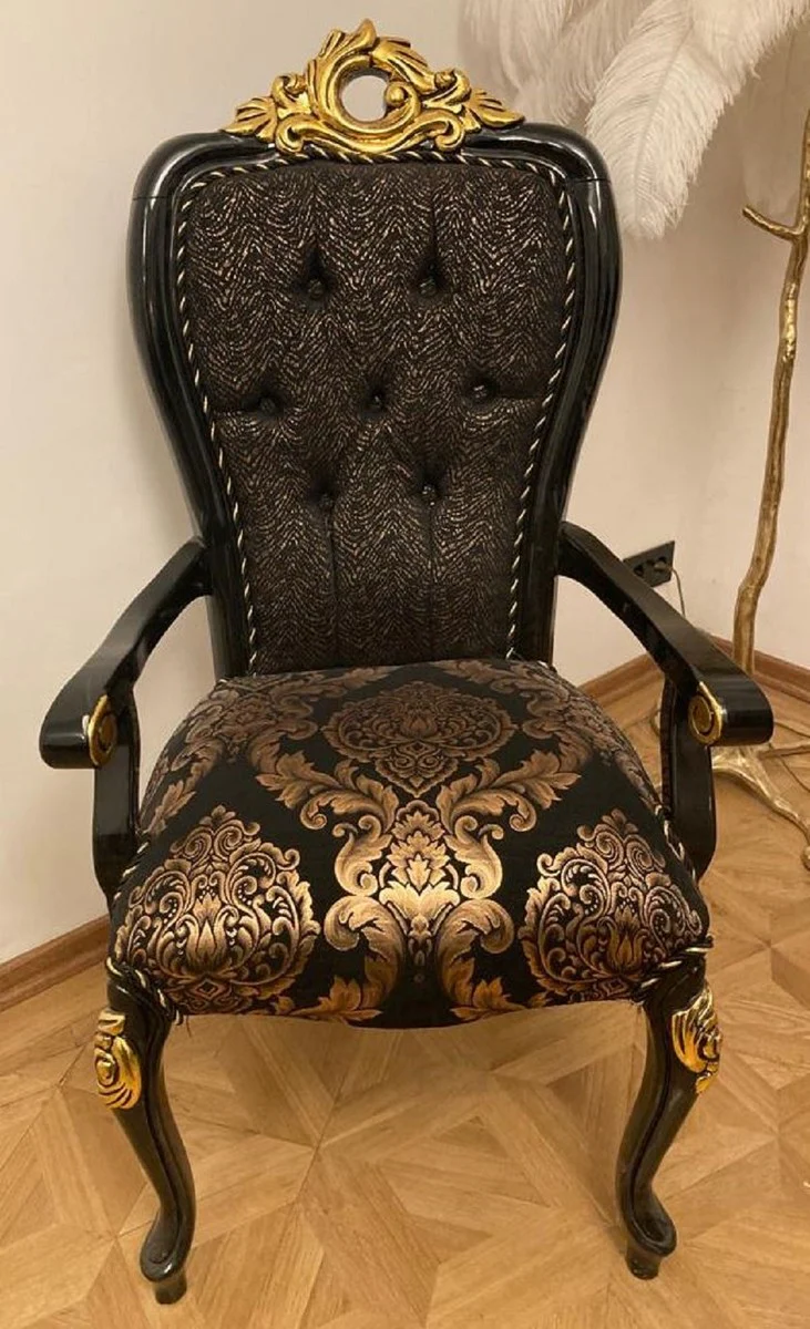 Casa Padrino silla de comedor barroco de lujo con reposabrazos negro / oro - Muebles de comedor en estilo barroco - Muebles de lujo en estilo barroco - Interior barroco - Muebles barrocos