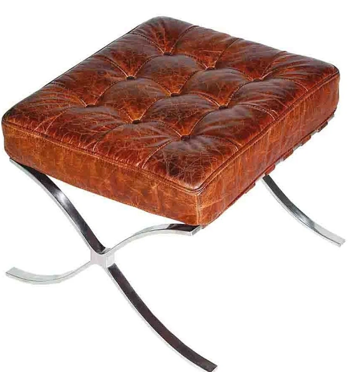 Casa Padrino Genuine Leather Footstool Vintage Brown / Silver 56 x 53 x H. 43 cm - Handmade Chesterfield Furniture
