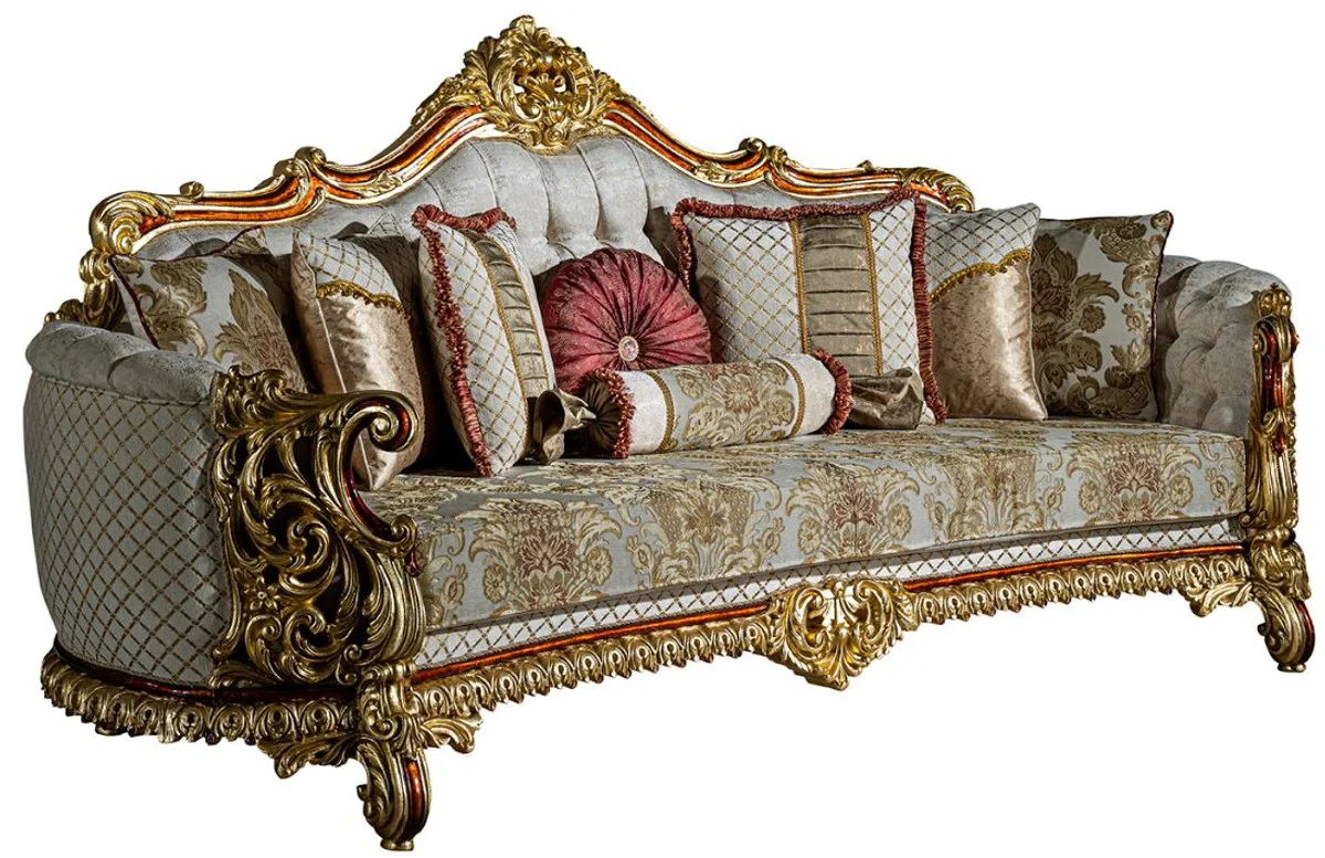Casa Padrino sof¨¢ barroco de lujo gris / rojo / oro 270 x 105 x A. 128 cm - Sof¨¢ de la sala con cojines decorativas - Noble y Magn¨ªfica