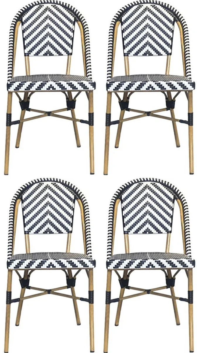 Casa Padrino conjunto de 4 sillas de comedor de lujo blanco / negro / beige 49 x 46 x A. 91 cm - Sillas de jard¨ªn de rat¨¢n - Muebles de comedor - Muebles de jard¨ªn - Muebles de lujo