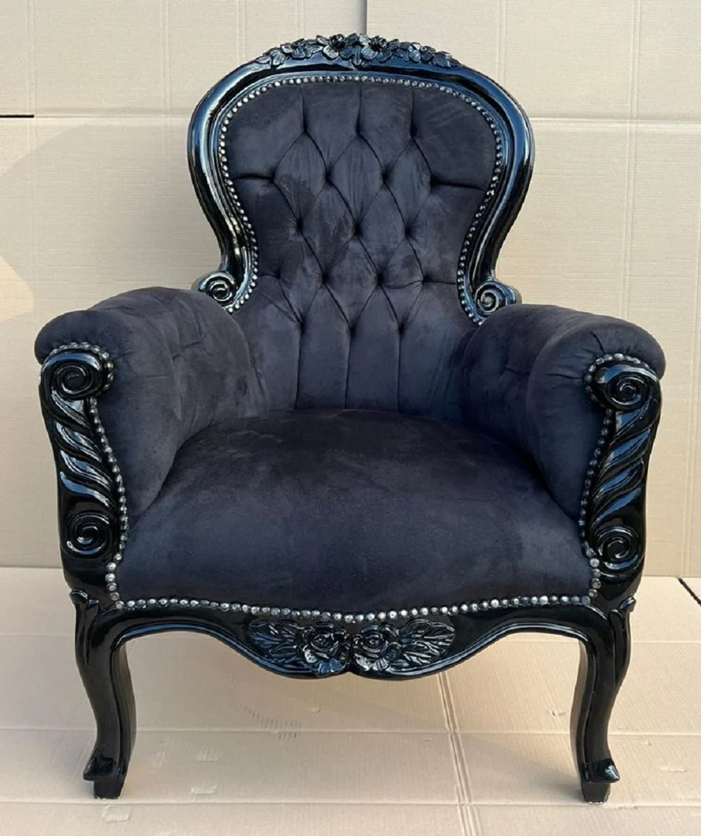 Casa Padrino sill¨®n barroco de terciopelo negro - Magn¨ªfico sill¨®n de sal¨®n de madera maciza - Sill¨®n de sal¨®n de estilo antiguo - Muebles de sal¨®n barrocos