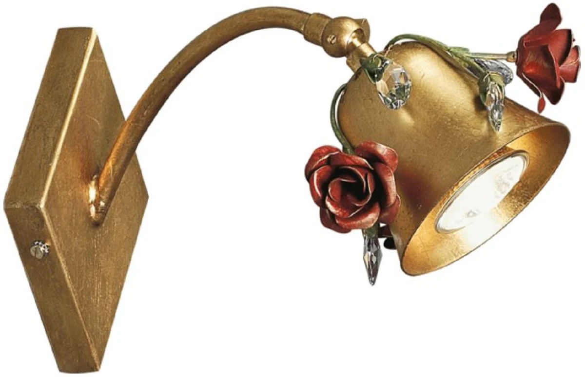 Casa Padrino lámpara de pared Art Nouveau de lujo rosas con cristal Swarovski y pantalla giratoria oro / rojo 12 x 16 x A. 23 cm - Apliques Barrocos y Art Nouveau