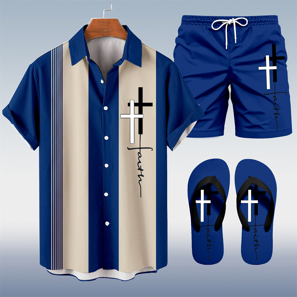 Suitmens Men's Hawaii Vacations Print Shirt Three-Piece Set 057