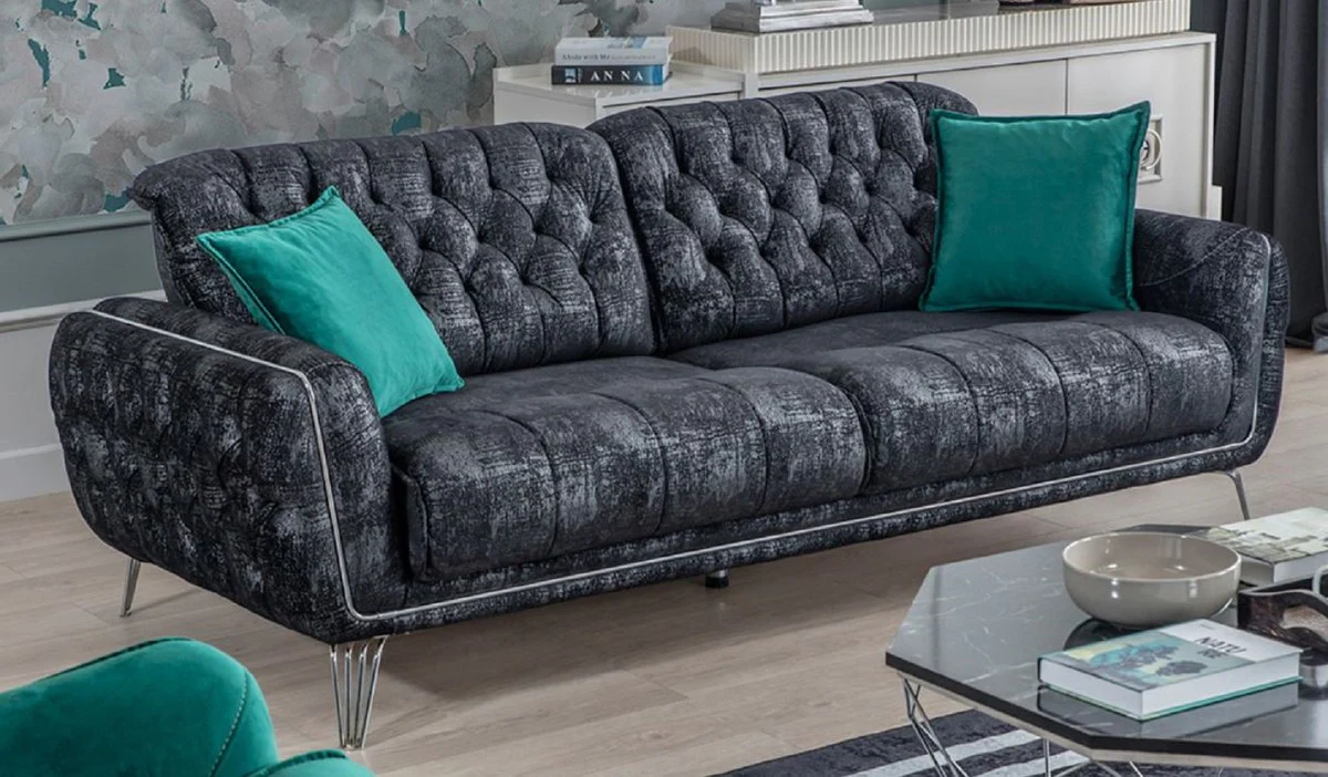 Casa Padrino sof¨¢ cama Chesterfield de lujo negro / gris / plata 230 x 95 x A. 75 cm - Sof¨¢ de sal¨®n moderno - Muebles de Sal¨®n Chesterfield