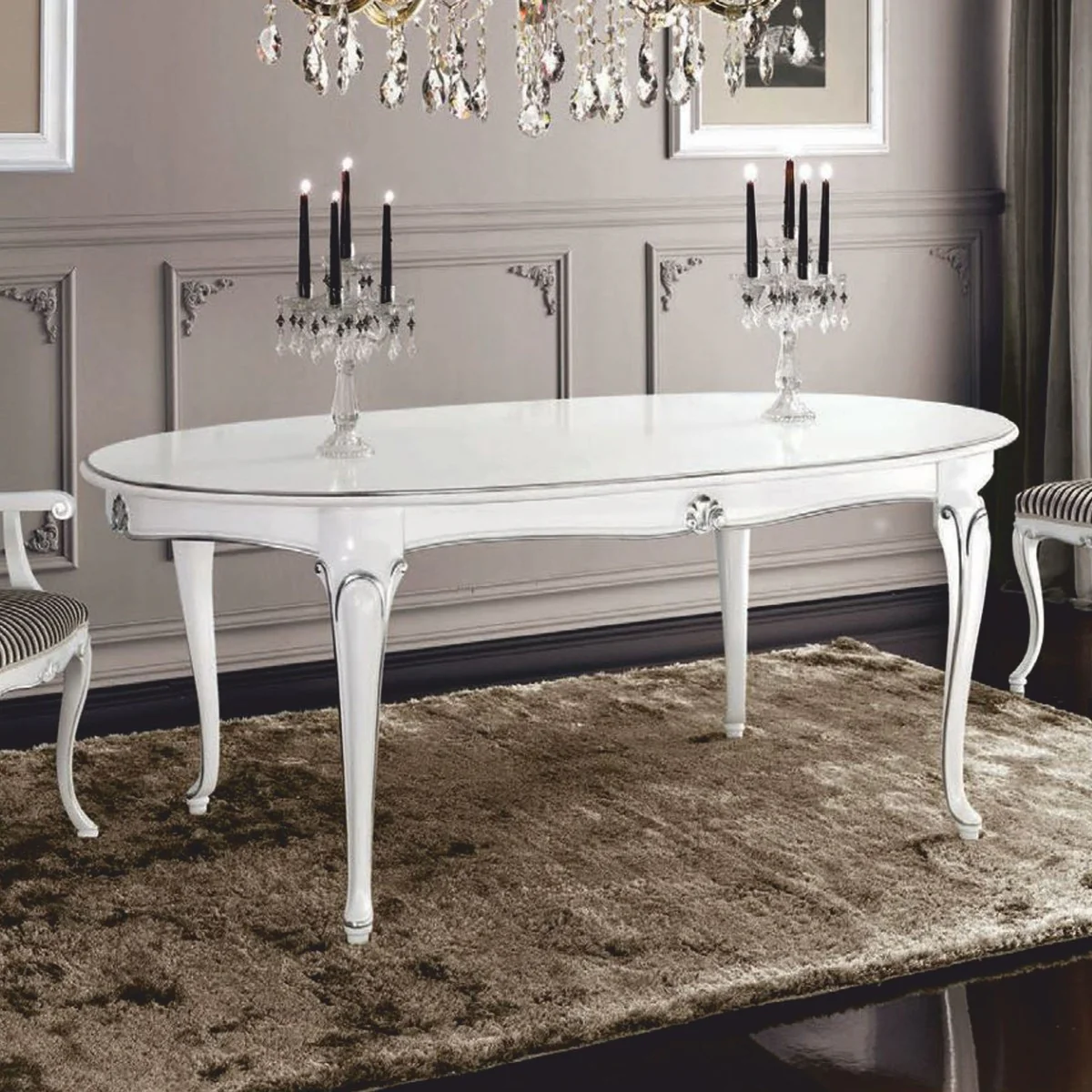 Casa Padrino mesa de comedor barroco de lujo blanco / plata 200-280 cm - Hecho en Italia