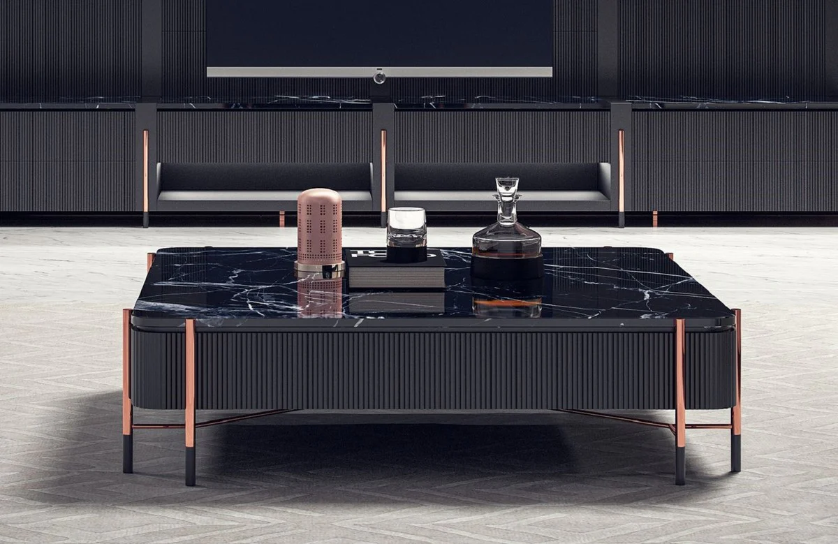 Casa Padrino mesa de centro de lujo negro / negro mate / cobre 124 x 124 x A. 35 cm - Mesa de sal¨®n cuadrada con tapa de m¨¢rmol - Muebles de sal¨®n - Muebles de hotel - Muebles de lujo