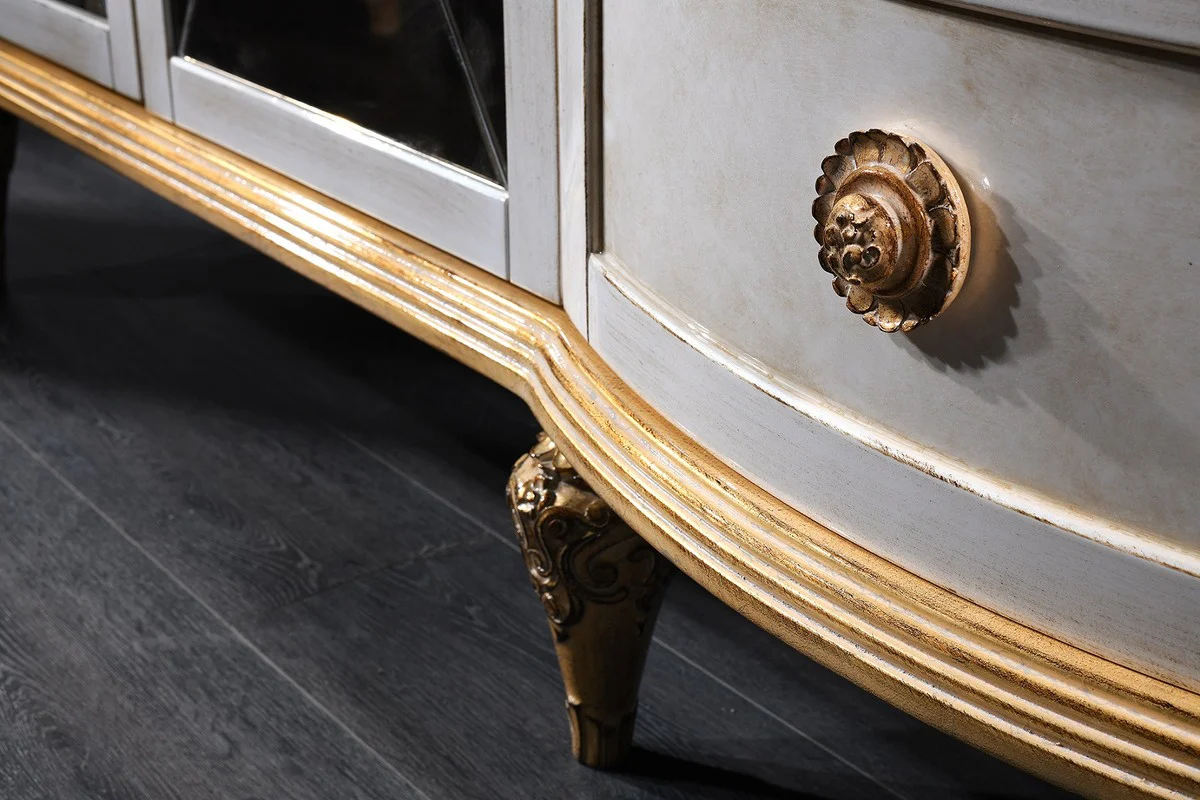 Casa Padrino gabinete de televisión barroco de lujo blanco / oro 241 x 43 x H. 67 cm - Armario de Salón Barroco con 4 Puertas y Cajón