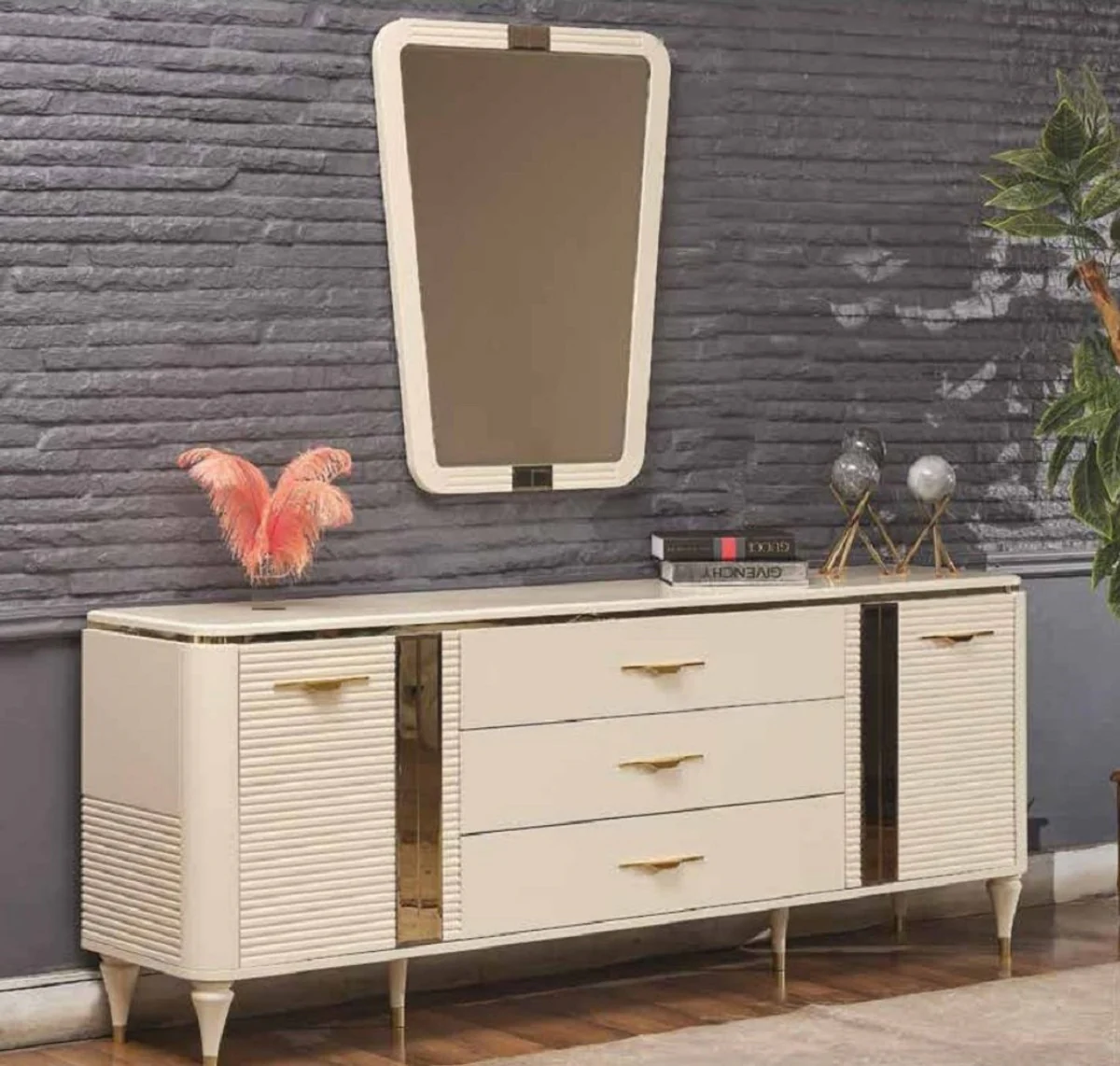 Casa Padrino aparador Art Deco de lujo crema / oro 200 x 42 x A. 72 cm - Gabinete noble de madera maciza con 2 puertas y 3 cajones - Muebles Art Deco - Muebles de lujo