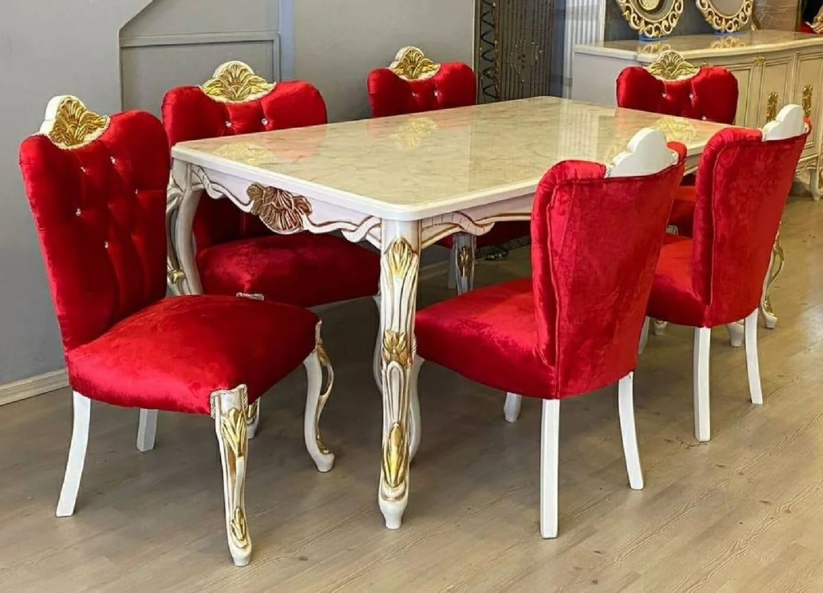 Casa Padrino conjunto de comedor barroco de lujo rojo / blanco / oro - 1 Mesa de Comedor Barroco y 6 Sillas de Comedor Barroco con Pedrer¨ªa - Muebles de comedor estilo barroco - Muebles barrocos