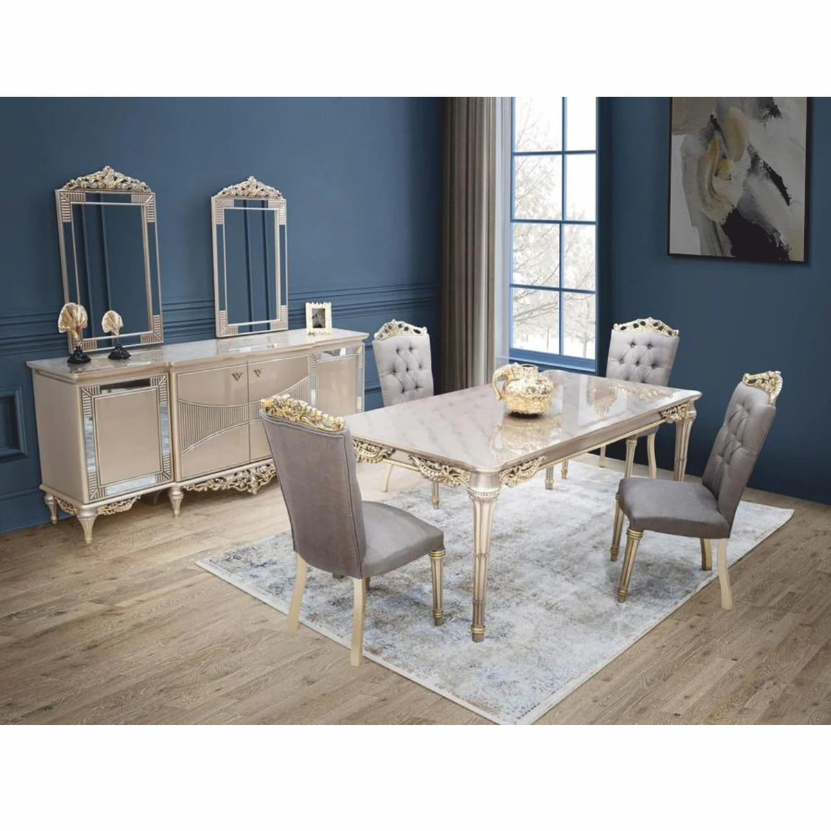 Casa Padrino Conjunto de Comedor Barroco de Lujo - Magn¨ªfica Mesa de Comedor Barroco con 6 Sillas