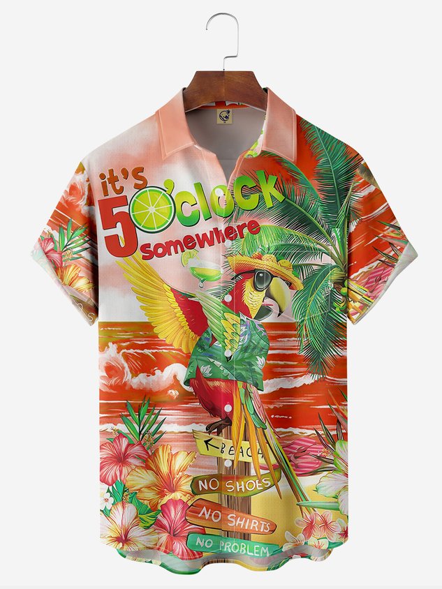 It's 5 O'Clock Somewhere Parrot Chest Pocket Short Sleeve Hawaiian Shirt