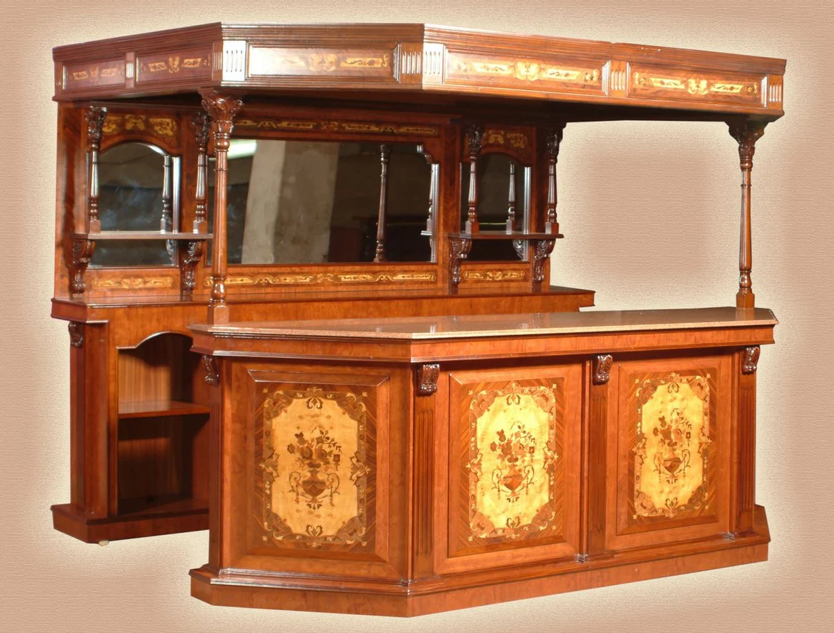 Casa Padrino barra de madera maciza de lujo con techo y mostrador con encimera de m¨¢rmol marr¨®n 266,7 x 188 x A. 213,7 cm - Barra hecho a mano en estilo tradicional ingl¨¦s - Muebles de Bar