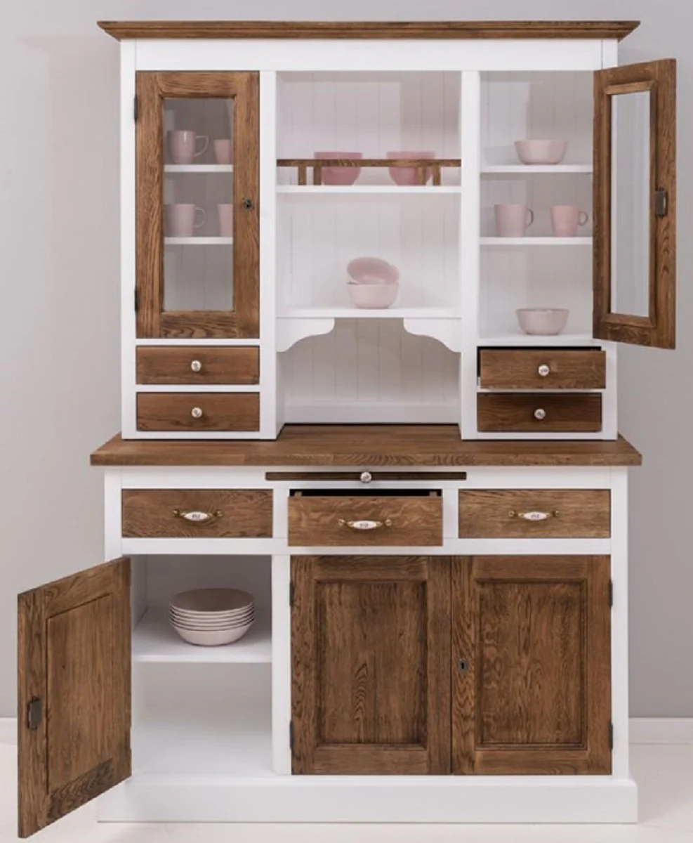 Casa Padrino armario de comedor de estilo campestre blanco / marron oscuro 137 x 50 x A. 197 cm - Armario de cocina de madera maciza - Muebles de comedor en estilo campestre