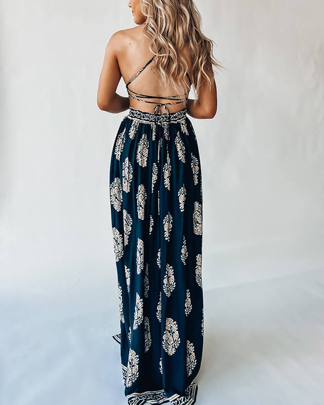 Women's Backless Sexy Slit Print Dress
