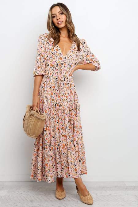 Pleated Floral Print Maxi Dress