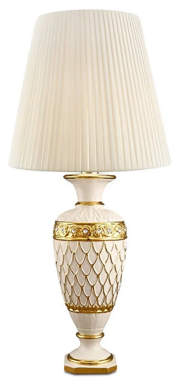 Casa Padrino Lámpara de Mesa de Cerámica Barroco con Cristal Swarovski Marfil / Oro Ø 30 x H. 62 cm - Muebles Barrocos