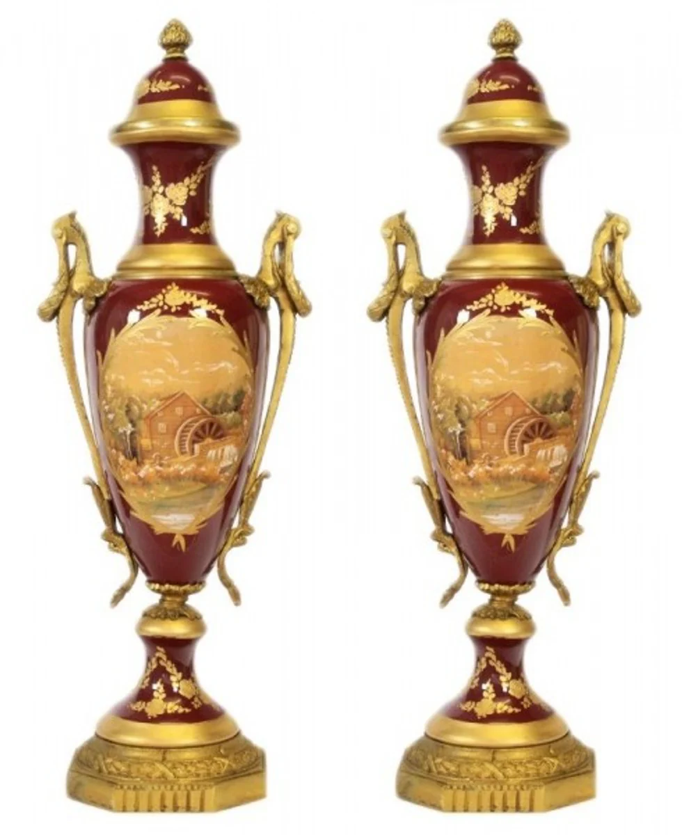 Casa Padrino Baroque Porcelain Cup Set Bordeaux Red / Gold B20 H58 cm (2 pieces) - Grand Decor - Hotel Decoration
