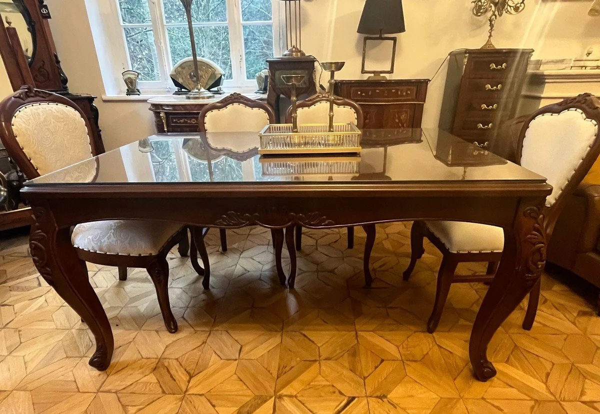 Casa Padrino mesa de comedor barroco de lujo con tapa de vidrio marr¨®n oscuro - Mesa de comedor de madera maciza hecha a mano - Muebles de comedor de lujo en estilo barroco - Muebles barrocos