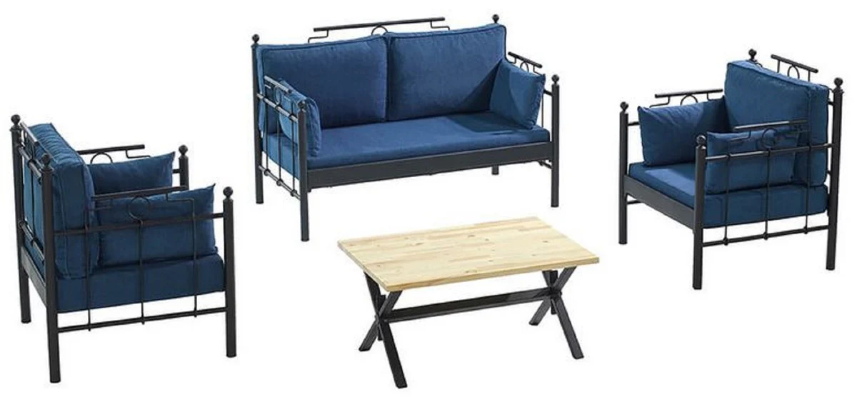 Casa Padrino Art Nouveau Conjunto de Muebles de Jard¨ªn Azul / Negro - 1 Sof¨¢ y 2 Sillones y 1 Mesa - Muebles de Jard¨ªn y Patio Art Nouveau