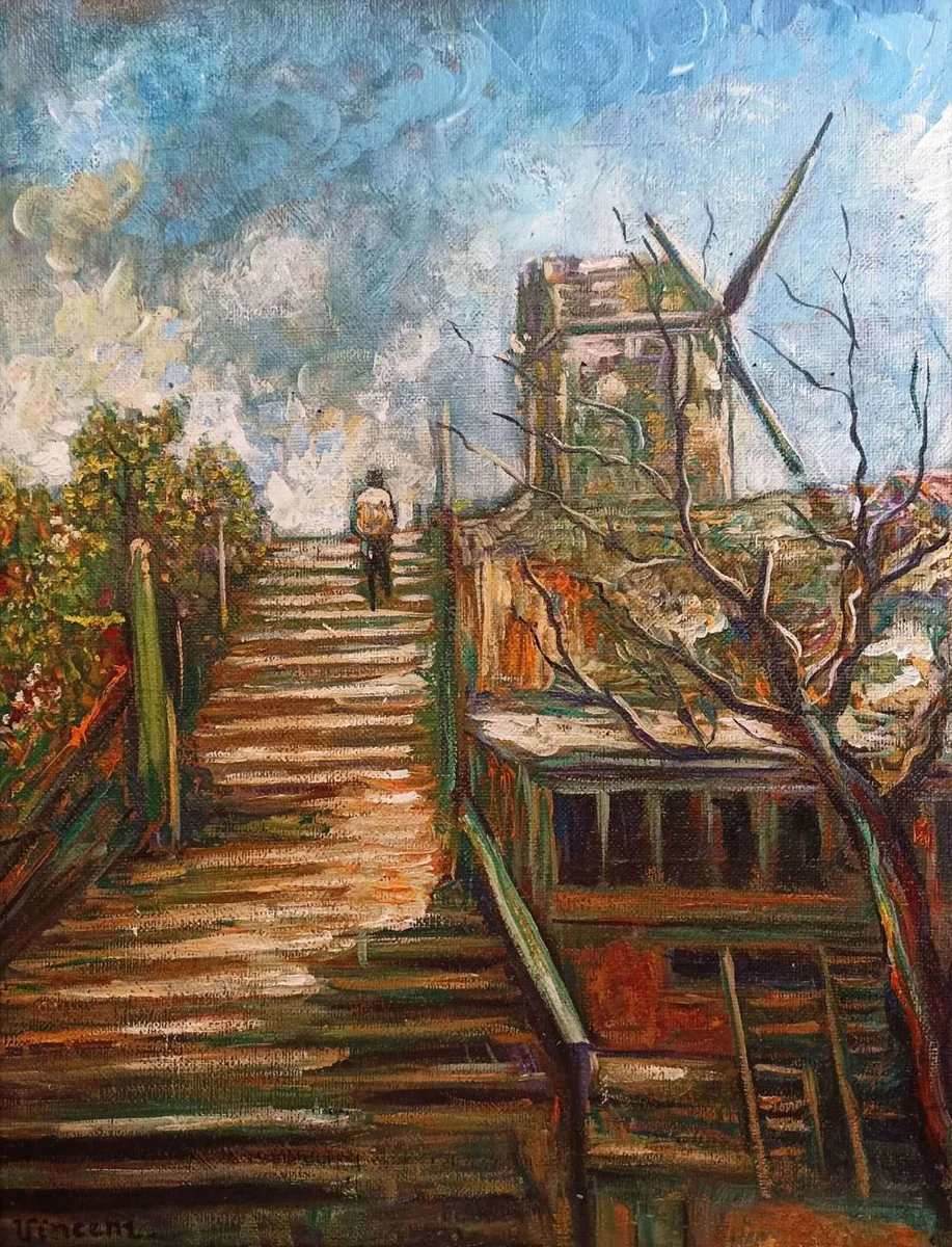 Cuadro pintura al óleo vintage según Vincent van Gogh Paisaje con Molino 62,25 x A. 76,5 cm - Pintura antigua auténtica según original - Pintada a mano