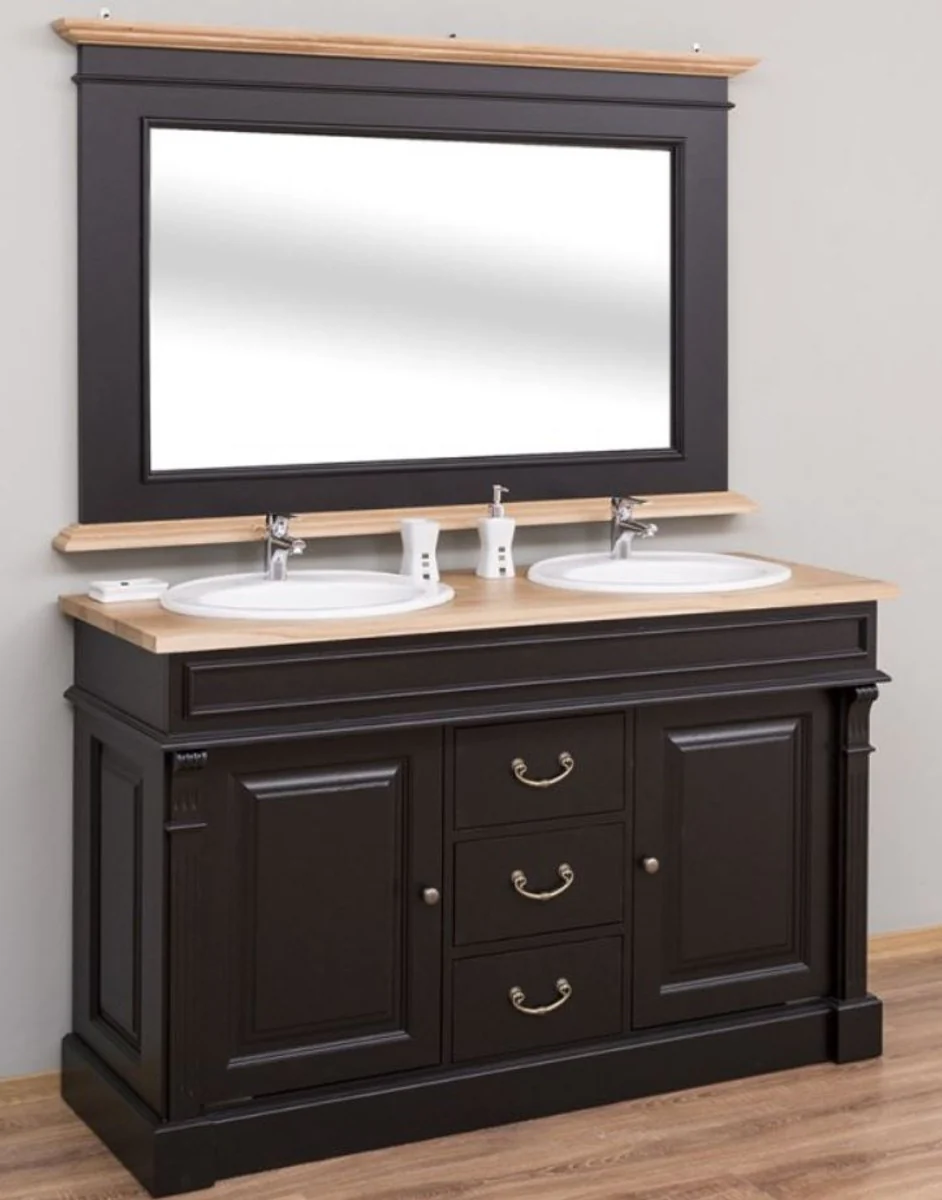 Casa Padrino Conjunto de Baño de Estilo Campestre Negro / Natural - 1 Gabinete del Fregadero Doble y 1 Espejo de Pared - Muebles de Baño de Madera Maciza en Estilo Campestre